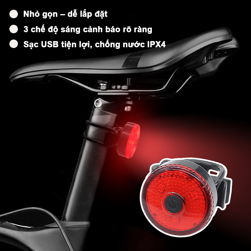 Đèn hậu LED cho xe đạp sạc lại qua USB, phụ kiện cảnh báo chống nước IPX6 khi đi xe ban đêm đèn xe đạp