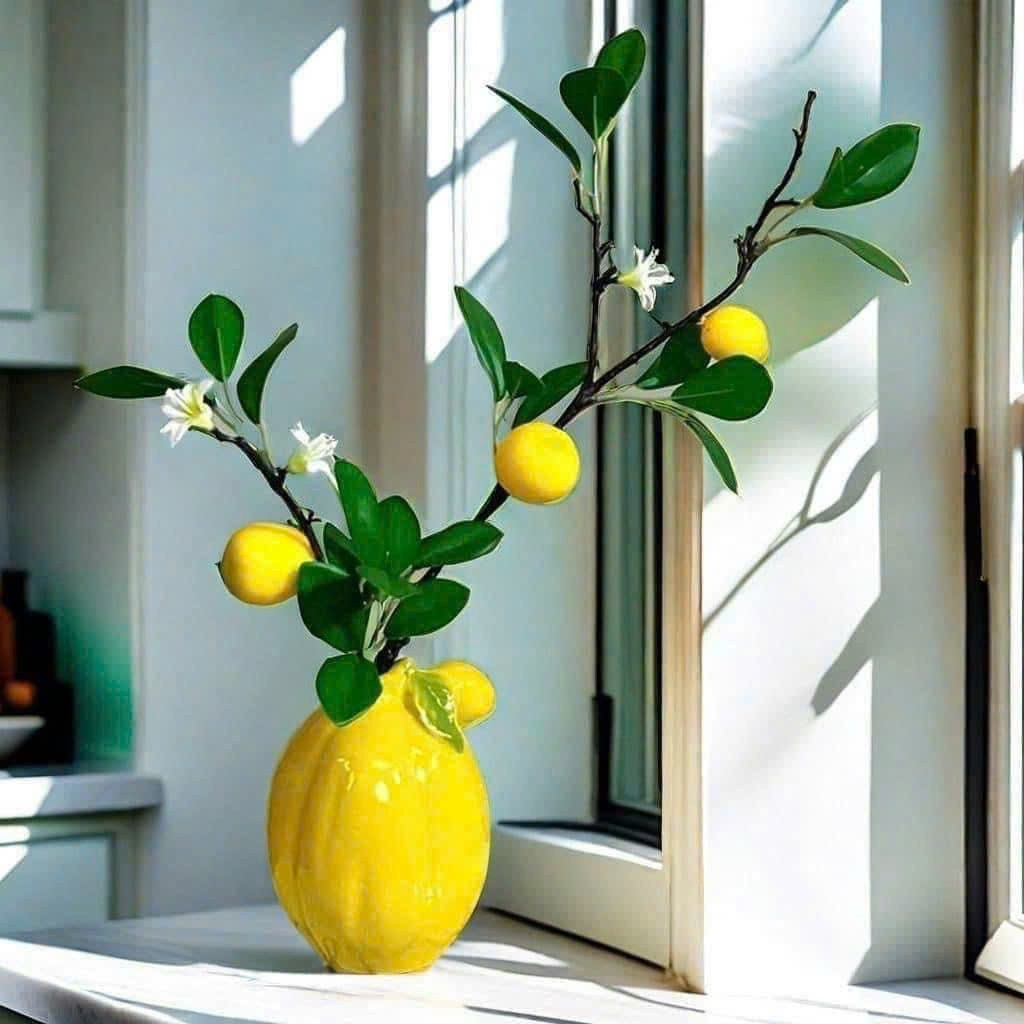 [Khi cắm nên gập cuống lại khoảng 1 gang ]Cành chanh vàng decor kèm bình sứ hình quả chanh – trang trí phòng khách