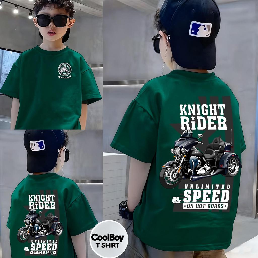 Bé trai 3-12 tuổi, áo thun ngắn tay, cổ tròn, thoải mái, mùa hè, 100% cotton, xe máy hoạt hình