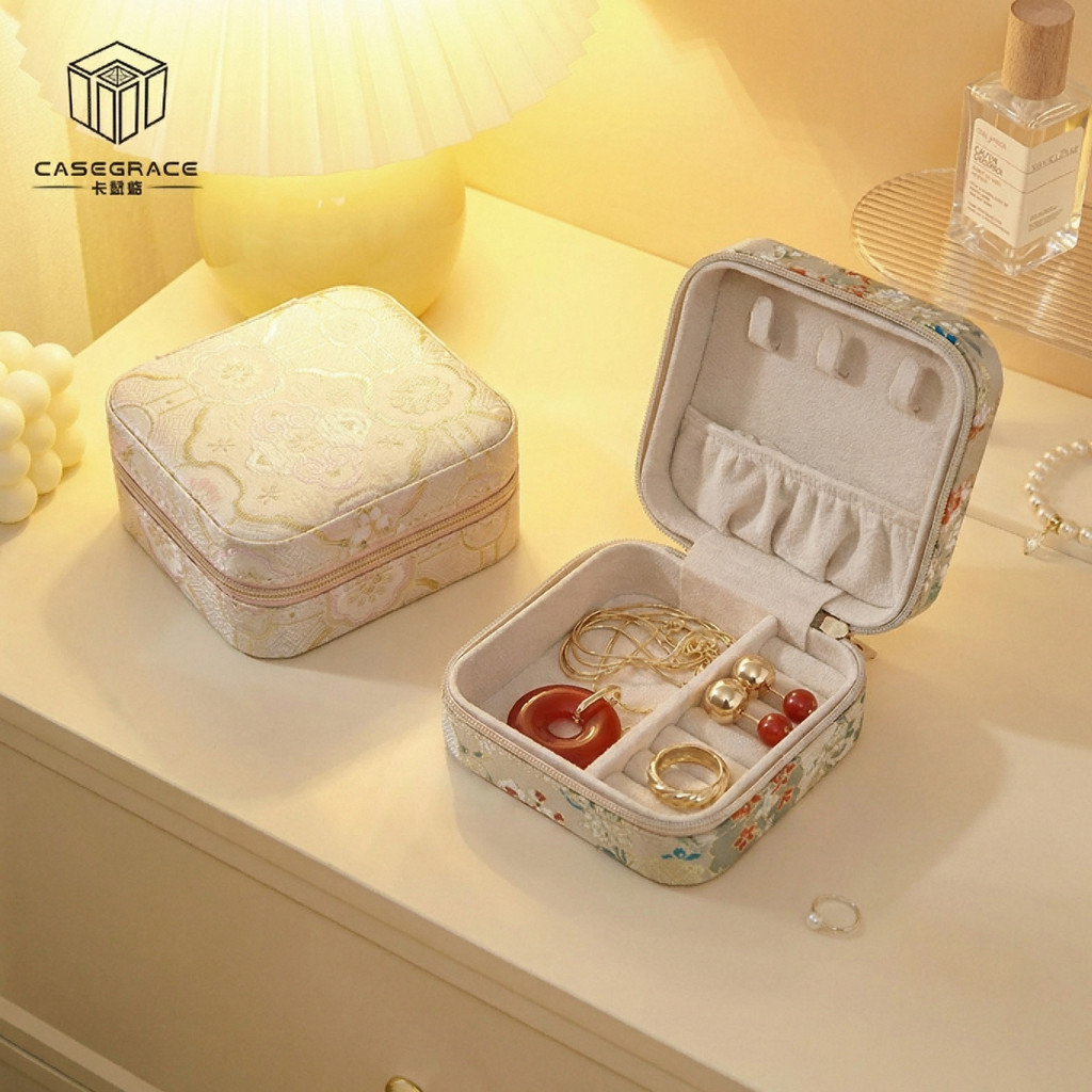 CASEGRACE Hộp đựng trang sức du lịch có móc vòng cổ, lớp lót nhung, khóa kéo cho dây chuyền, vòng tay, nhẫn Hộp quà lưu trữ trang sức