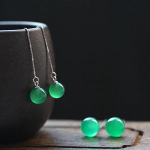 Bông tai hạt tròn mã não Chrysoprase phong cách dân tộc thanh lịch dành cho nữ