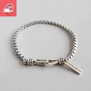 Dây chuyền và vòng tay bạc hình vuông cổ điển, phong cách Retro Hip-Hop từ châu Âu và Mỹ
