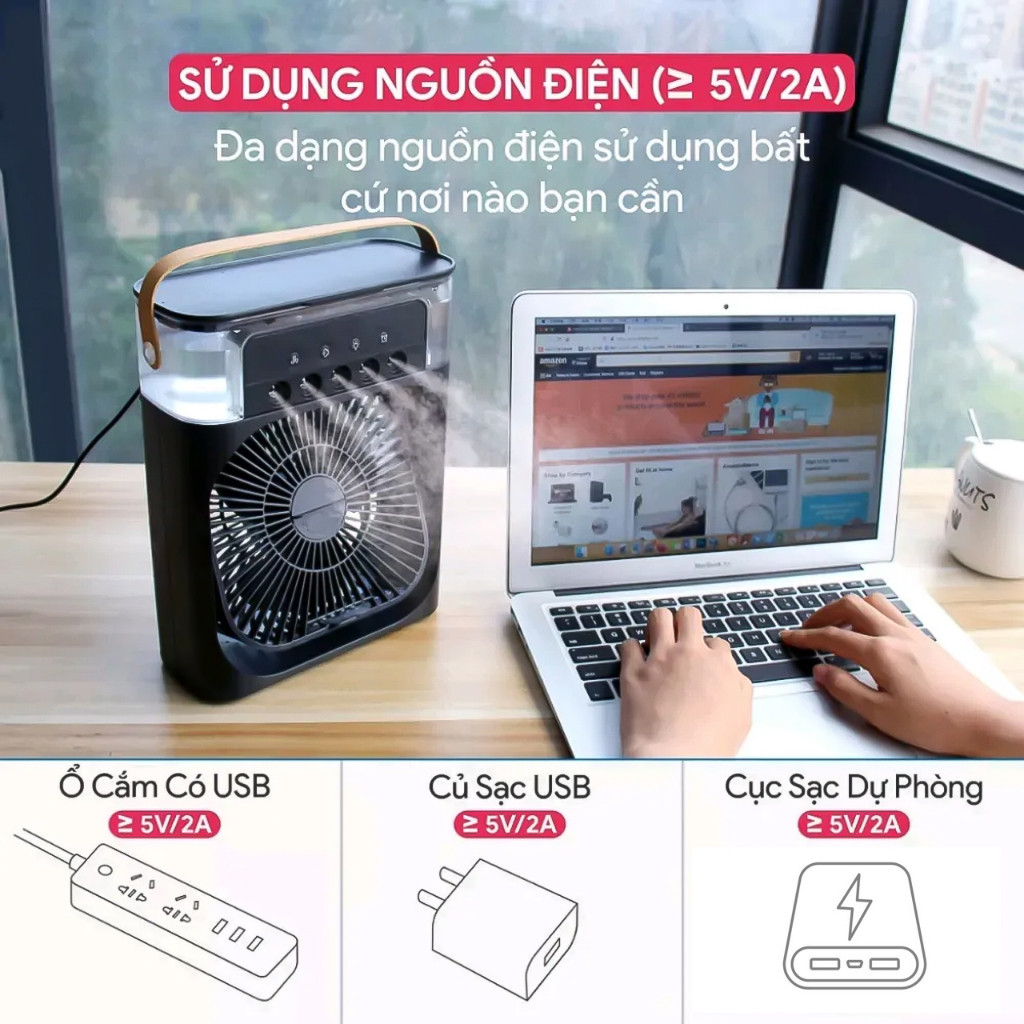 Quạt Điều Hòa Hơi Nước Mini - Quạt Phun Sương Mini Làm Mát Để Bàn 3 chế độ tích hợp đèn led 7 Màu