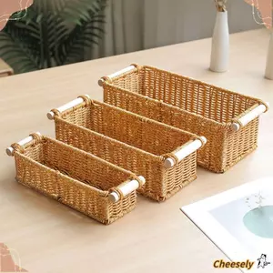 Giỏ đựng đồ có tay cầm bằng gỗ Giỏ sắp xếp màu nâu, Giỏ trưng bày hình chữ nhật họa tiết dệt sáng tạo Cửa hàng tại nhà Khách sạn