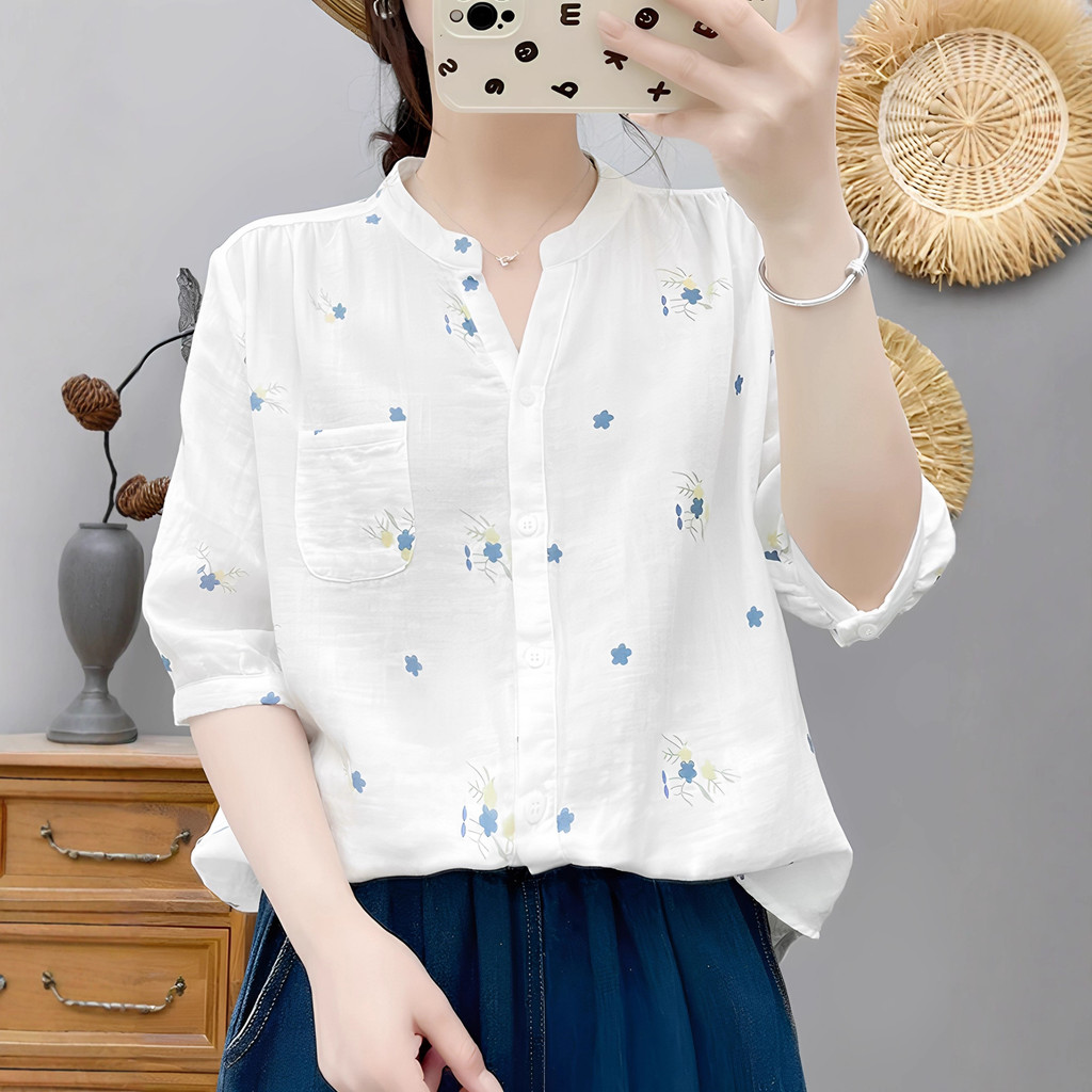 <![CDATA[Áo sơ mi nữ 100% cotton cổ chữ V, tay vừa, họa tiết mùa hè]]>
