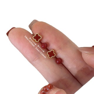 Bộ bông tai bạc màu đỏ hình cỏ bốn lá, gồm 4 món, thiết kế đơn giản và sang trọng