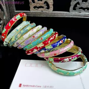 JUNYUE88US Vòng tay Cloisonne, Vòng tay đôi tráng men hoa mẫu đơn Vòng tay hoa, Trang sức vòng tay nữ cổ điển dân tộc Ấn Độ