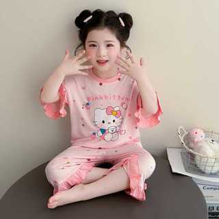 Bộ đồ ngủ cho bé gái – Cotton mềm mỏng, thoáng khí, Kitty dễ thương, áo ngắn + quần lửng bèo