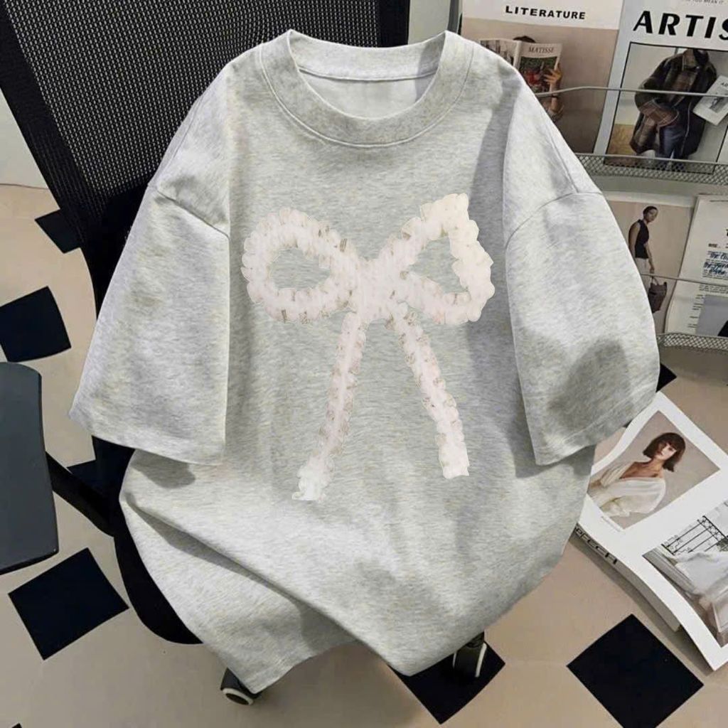 Áo phông basic tay lỡ thời trang, unisex họa tiết nơ dúm    -setboaophog