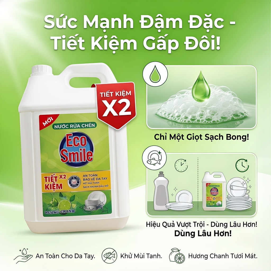 Nước rửa chén diệt khuẩn,Nước rửa chén khử mùi tanh,Nước rửa chén đậm đặc，Nước rửa chén không hại da tay ECO Smile