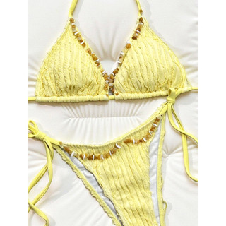 Đồ bơi nữ dây màu vàng cổ chữ V hai mảnh Bikini Đồ bơi