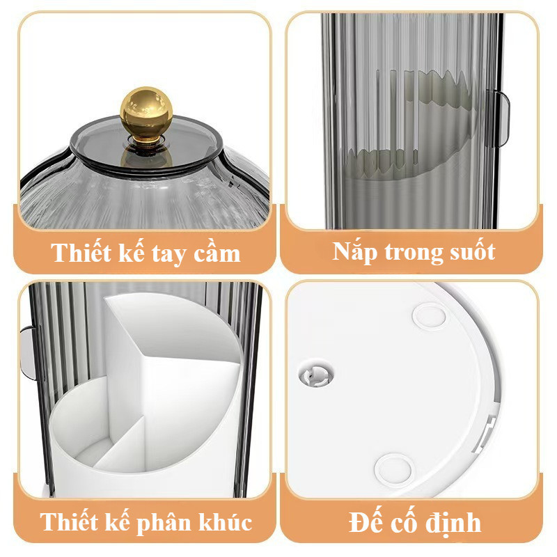 Hộp Đựng Cọ Trang Điểm Xoay 360° - Có Nắp Chống Bụi, Đế Xoay, Sắp Xếp Cọ & Mỹ Phẩm Gọn Gàng