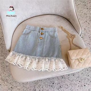 Chân váy jean bé gái – Viền ren xinh xắn, dáng ngắn dễ thương, mặc hè, phối đồ đẹp
