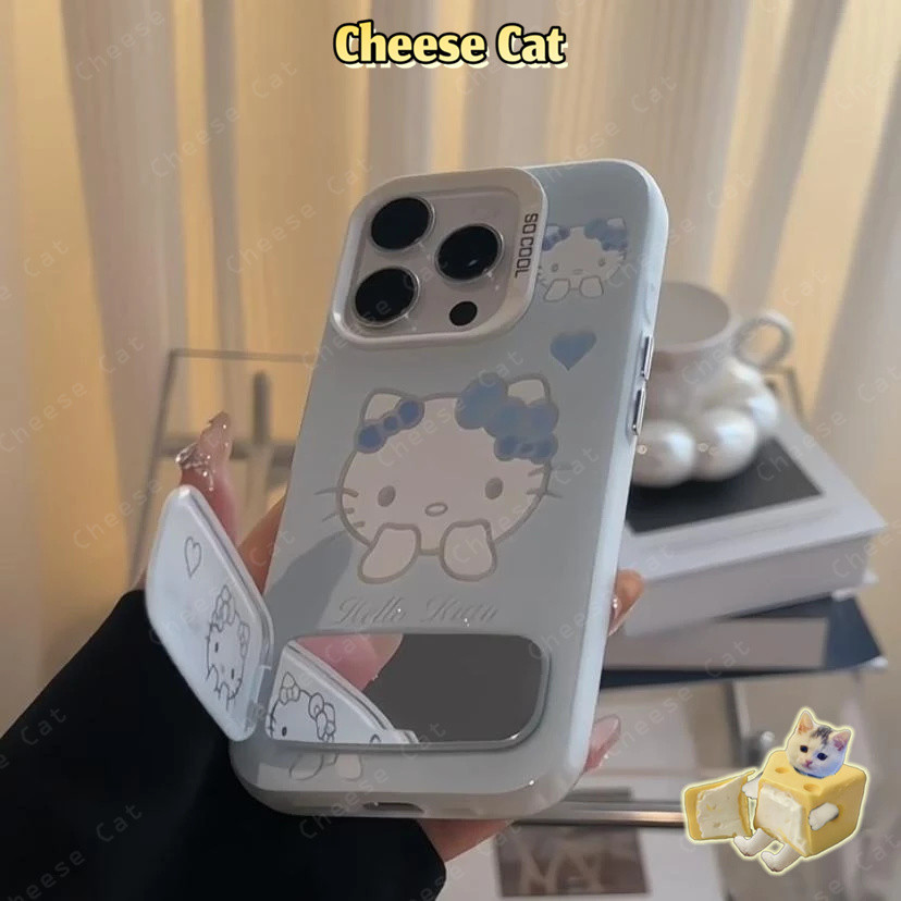 Ốp lưng iPhone màu xanh hồng Kitty có gương Giá đỡ điện thoại cho iPhone 13 14 15 12 11 16 17 Pro Max 16E Xs Max XR 7