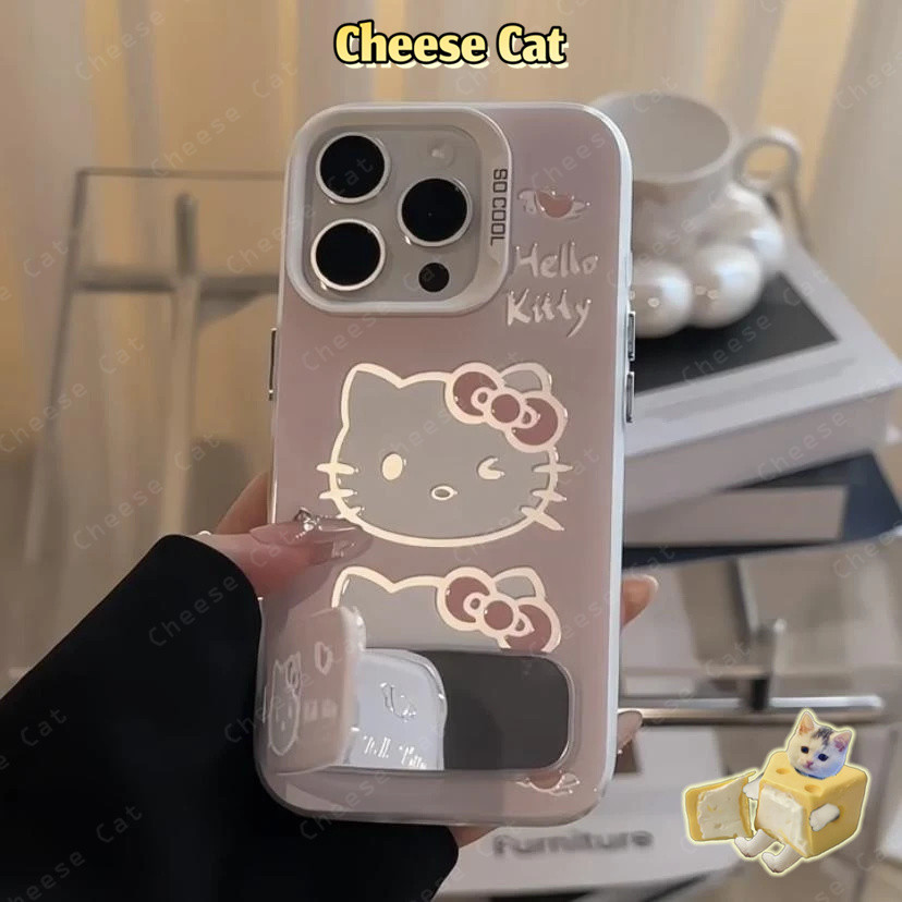 Ốp lưng iPhone màu xanh hồng Kitty có gương Giá đỡ điện thoại cho iPhone 13 14 15 12 11 16 17 Pro Max 16E Xs Max XR 7