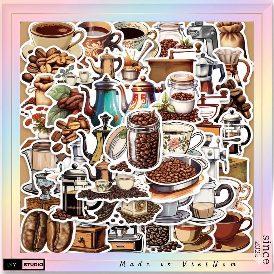 100 sticker Ly cà phê đậm chất Việt Nam trang trí quán cà phê không gian ăn uống ,ốp lưng điện thoại mũ bảo hiểm.