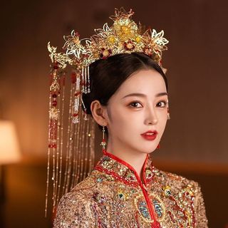 Trang phục cô dâu thiết kế phượng hoàng Thái Xiuhe, bộ quần áo và mũ sang trọng, phụ kiện tóc cao cấp