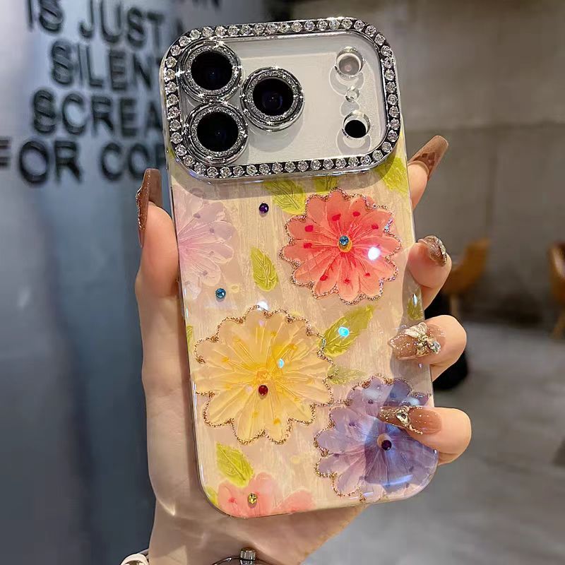 Ốp lưng cứng hình ống kính lấp lánh / Tranh sơn dầu hoa tương thích cho iPhone 13 14 pro max 15 pro max 16 pro max 17 Pro max