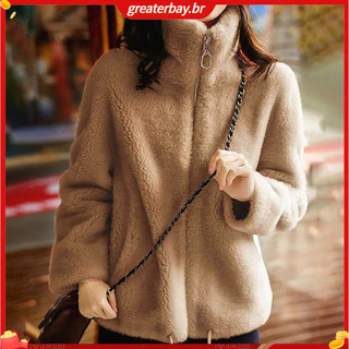 (Em Estoque) Áo khoác lông cừu hai mặt polyester sherpa, ấm áp với túi và khóa kéo hoàn toàn, phù hợp cho mùa thu đông.
