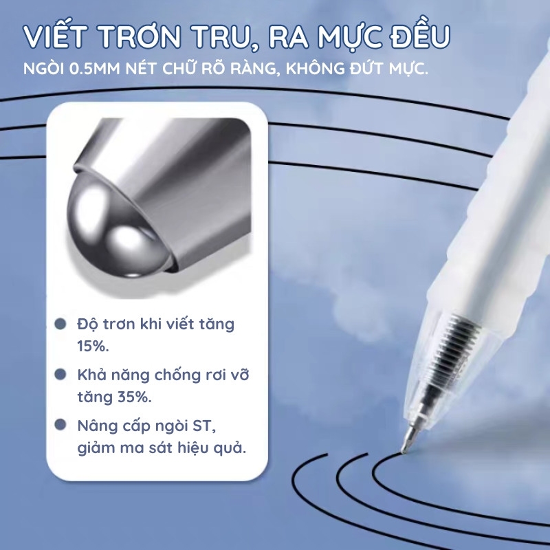 Bút bi màu xanh, đen, đỏ, ngòi 0.5mm viết êm - Set 10/20/30 bút gel mực nhanh khô, không lem dành cho học sinh