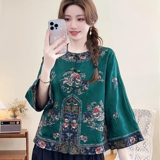 Áo khoác lanh cotton retro với họa tiết thêu dân tộc