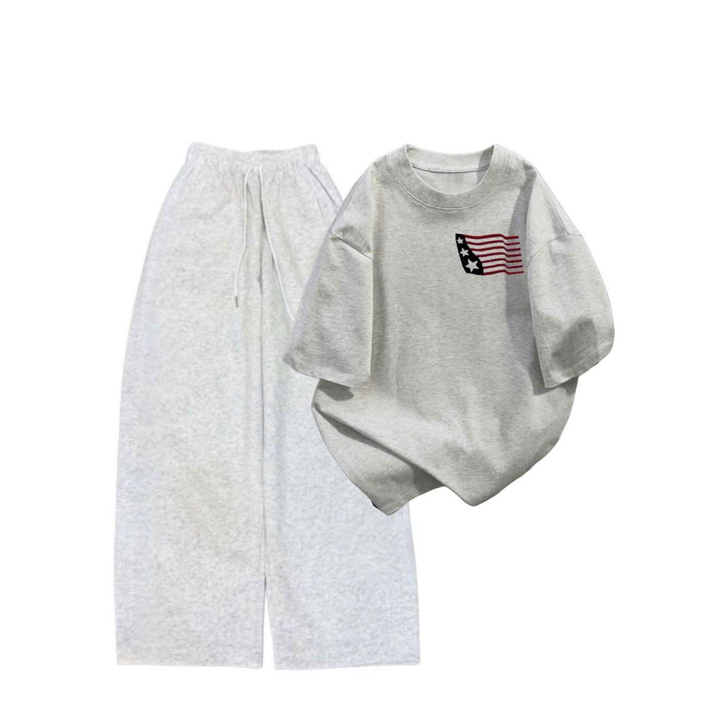 sét bộ quần dài  da cá xám đậm trơn + mix áo phông form rộng lá cờ mỹ chất vải cotton su
