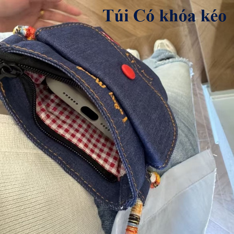 Túi đeo chéo vải jean mini thời trang, họa tiết thêu hình quả táo tinh xảo, Túi đeo vai di động, đi dạo phố, du lịch