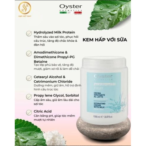 Bộ Dầu Gội + Kem Ủ OYSTER Hydrating With Milk 1000ML Chính Hãng Ý | Phục Hồi Tóc Khô Xơ, Dưỡng Ẩm