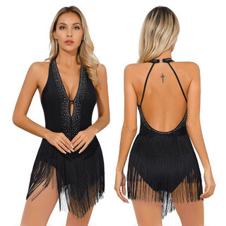 Yhong Nữ Kim Cương Giả Tua Rua Latin Khiêu Vũ Leotard Sâu Cổ Chữ V Lưng Viền Body Sân Khấu Trình Diễn Trang Phục