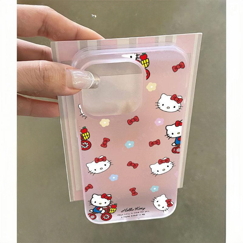 Nơ đỏ và Kitty Ốp điện thoại màu hồng mờ cho iPhone 15 16 11 12 13 14 17 Pro Max 7 Plus XR Xs Max