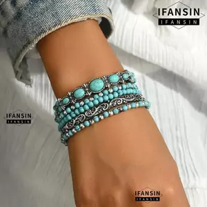 Bộ vòng tay Bohemian gồm 5 chiếc với hạt ngọc lam xanh và cườm, thích hợp làm quà tặng