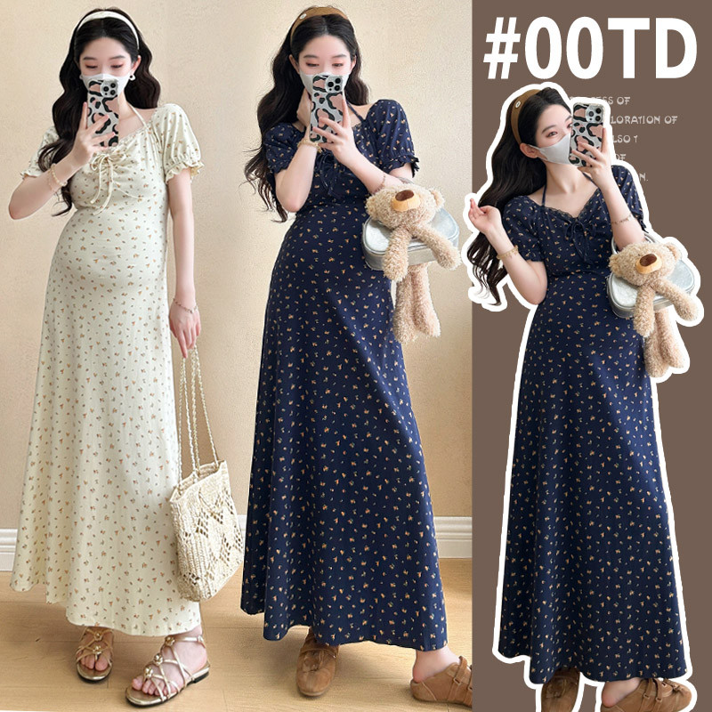 Váy bà bầu mùa hè từ cotton nguyên chất có họa tiết hoa, phiên bản Hàn Quốc