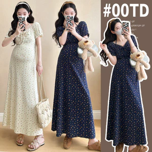 Váy bà bầu mùa hè từ cotton nguyên chất có họa tiết hoa, phiên bản Hàn Quốc