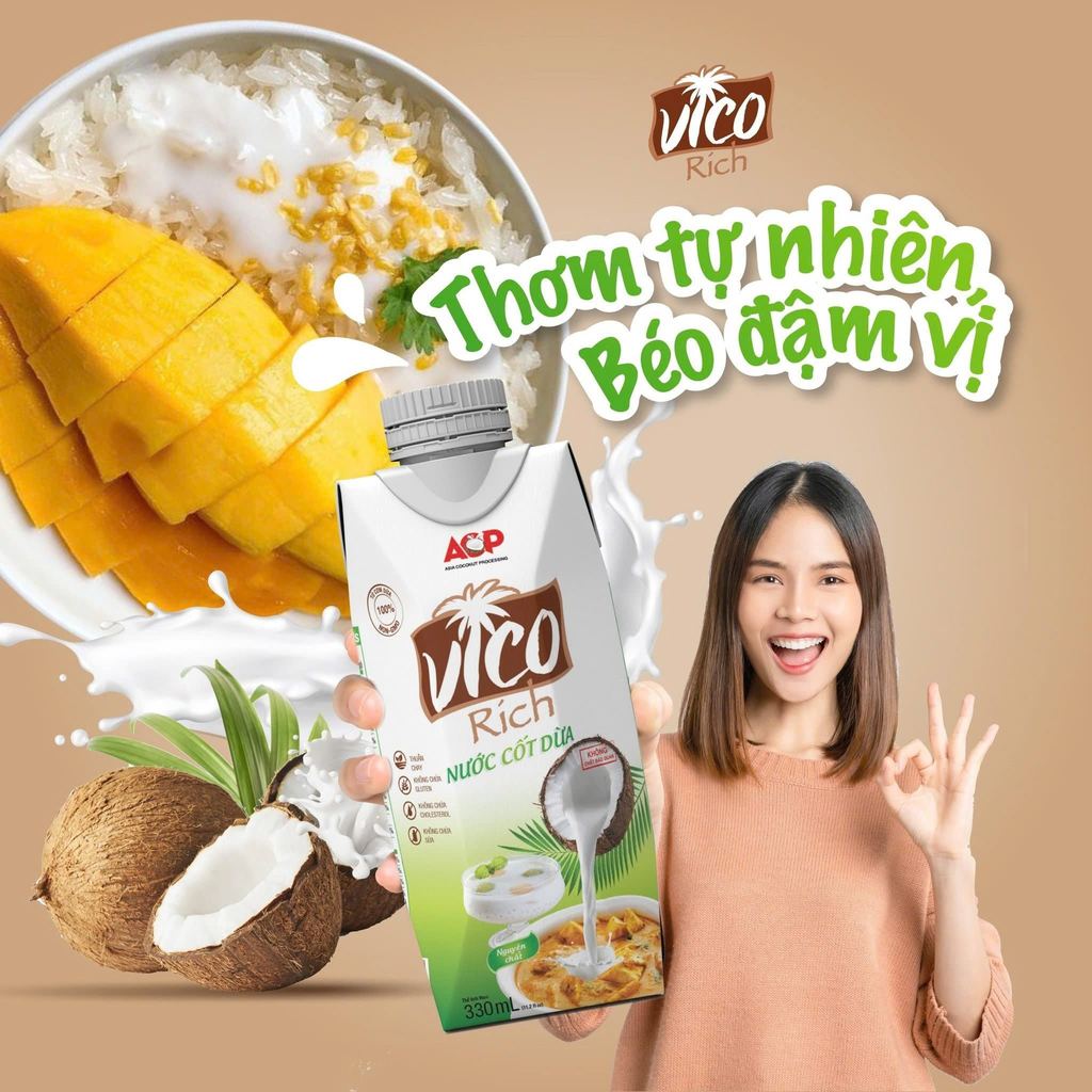 Nước Cốt Dừa VICO RICH ACP Hộp 330ml Và 1L, Hương Vị Đậm Đà Vị Dừa Tự Nhiên Thơm Ngon Bổ Dưỡng