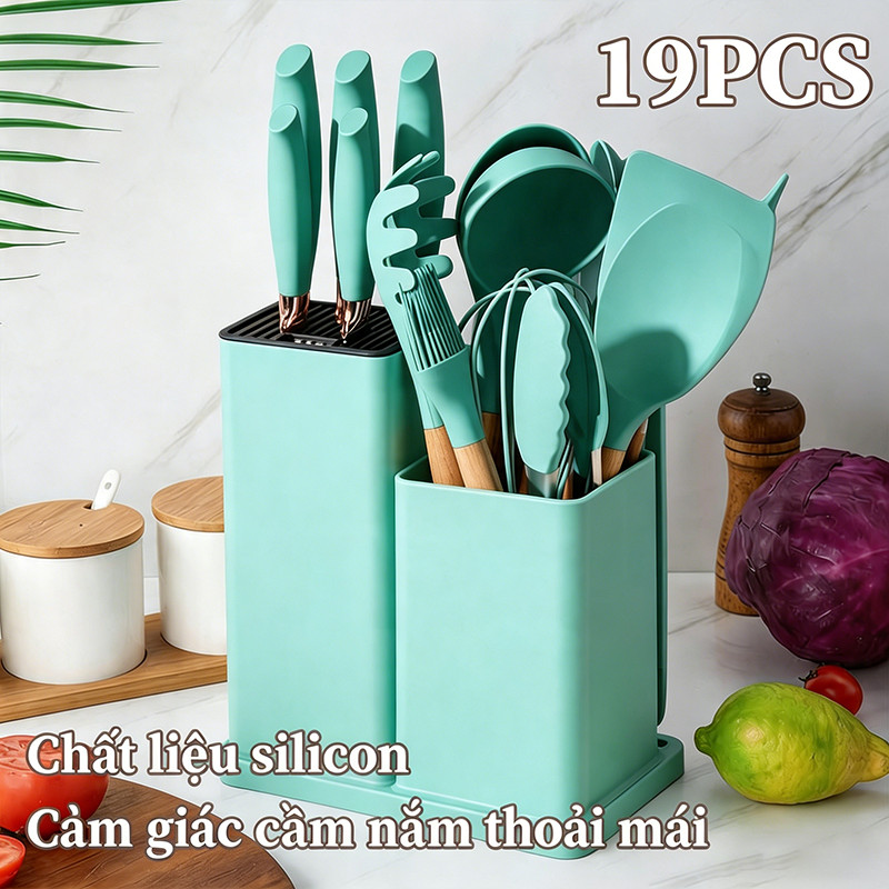 Bộ Dao Kéo & Dụng Cụ Silicon Nhà Bếp 19 Món - Dao Thớt, Kéo, Muỗng Nấu Cán Gỗ, Chịu Nhiệt Chống Dính
