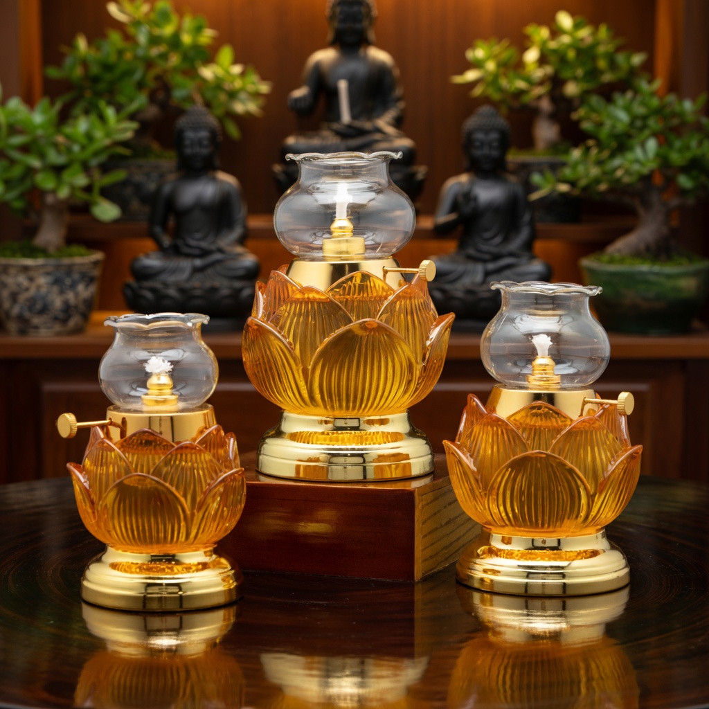 Đèn Dầu Thờ Cúng Hình Hoa Sen Lưu Ly Vàng - Đèn Bàn Thờ Cúng Gia Tiên, Thần Tài, Thờ Phật - Chất Liệu Cao Cấp [ Đèn 035]