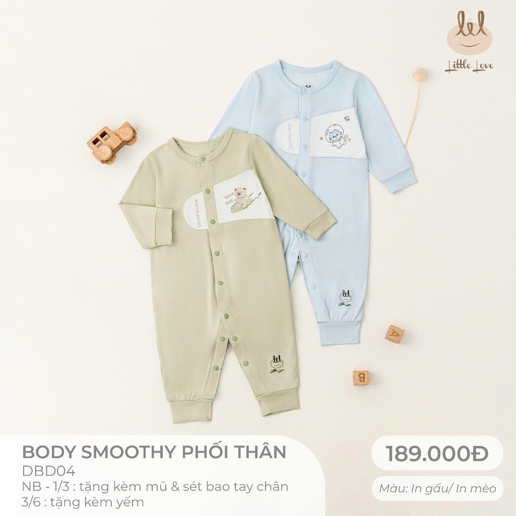 Bộ body sơ sinh [ Vải mềm, mát, co dãn thấm hút tốt] Lil Little Love (DBD04) tặng kèm mũ, bao tay chân Hoặc yếm sơ sinh