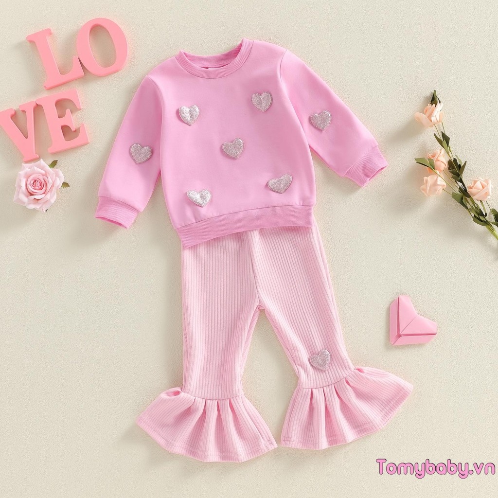 Bộ trang phục 2 món ngày lễ tình nhân cho bé gái Áo dài tay trang trí trái tim + Bộ quần loe lưng co giãn
