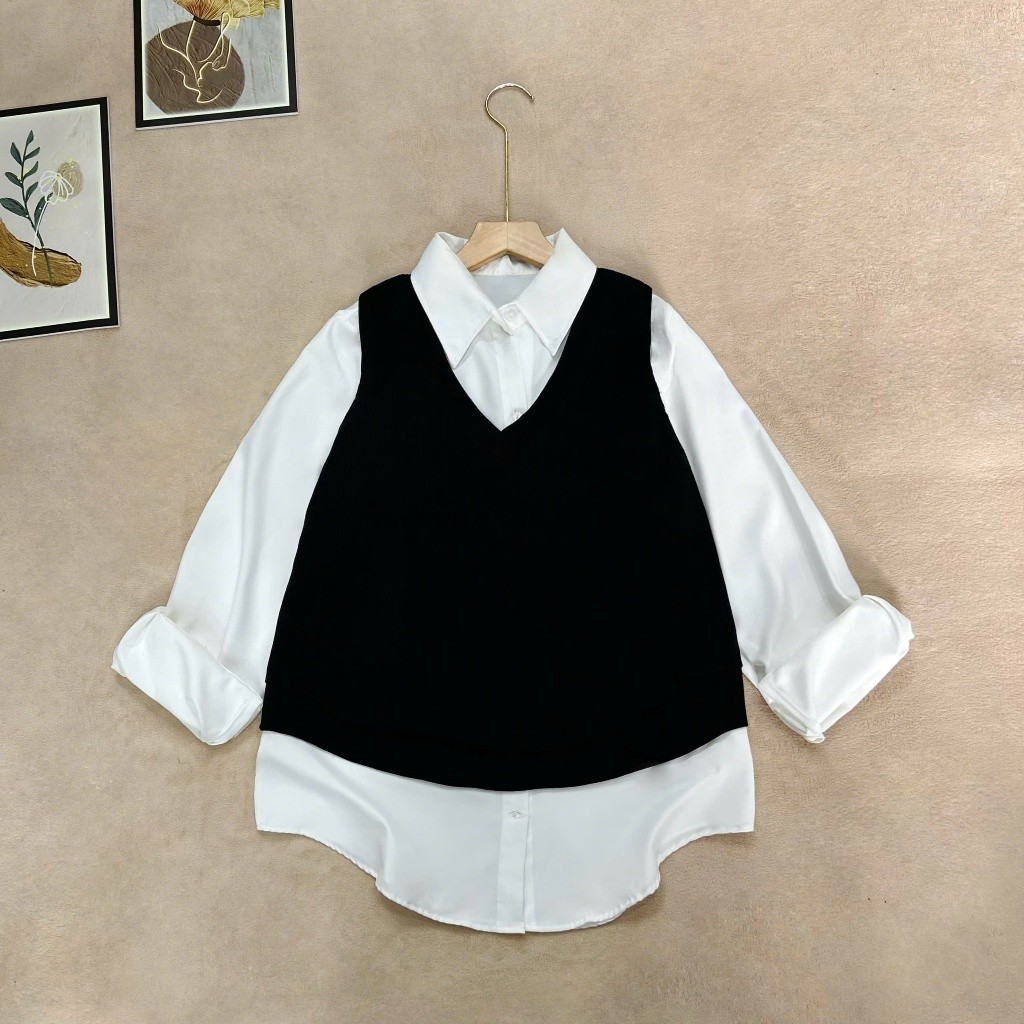 Set Bigsize Nữ Che Bụng Tôn Dáng – Sơ Mi Tay Dài Phối Gile Xinh Xắn Dễ Thương SM20+A335