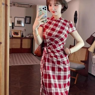 Váy ngắn tay kẻ sọc cổ điển kiểu Pháp, màu Hồng Kông, ôm eo nhẹ