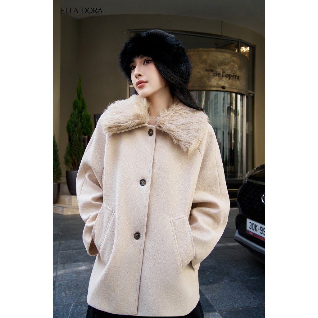 Áo khoác nữ ELLA DORA dạ cashmere thiết kế cổ lông tháo rời form A thanh lịch sang trọng [K09]