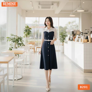 Đầm thiết kế BEMINE cổ sơ mi phối tơ in bi dáng chữ A phù hợp đi làm-B201