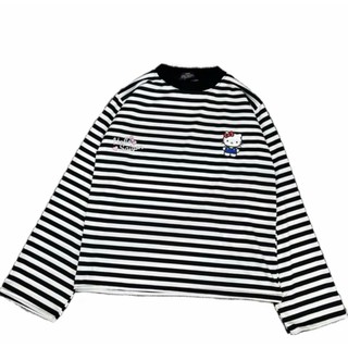 Áo thun nữ dài tay áo kiểu nữ form rộng cổ tròn,áo phông kẻ hoạ tiết hello kitty nam nữ mặc được phong cách Ulzzang