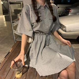 Plus Size Đầm Mùa Hè Plus Kích Thước Váy Ngắn Cổ Áo polo Dây Rút Eo Hẹp Mỡ mm1-150kg Rời Ôm Hơn Nhìn Tay Ngắn Giảm Tuổi Đầm Plus Size Nữ