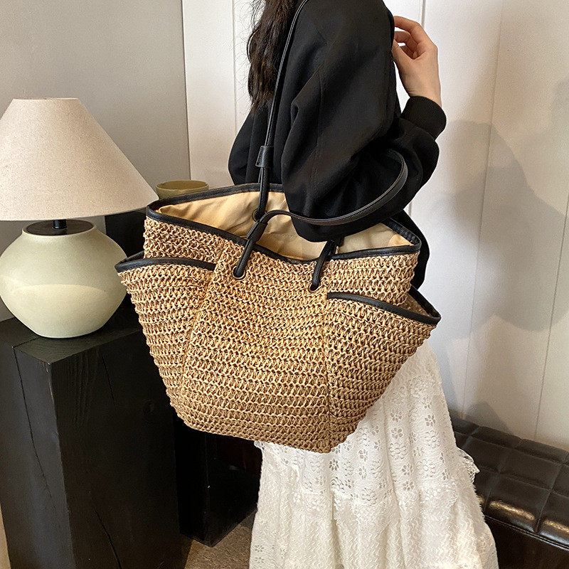 GC2 Túi tote dung tích lớn dành cho nữ đi biển phong cách kỳ nghỉ lười biếng túi đeo vai mới handmade dệt CG2