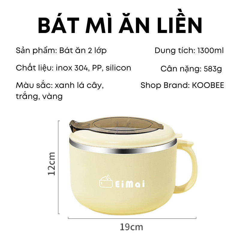 Bát Mì Ăn Liền 1300ml KOOBEE Inox 304 2 Lớp – Bát Giữ Nhiệt Có Nắp, Tặng Đũa Thìa, Đựng Cơm Canh Tiện Lợi| 369