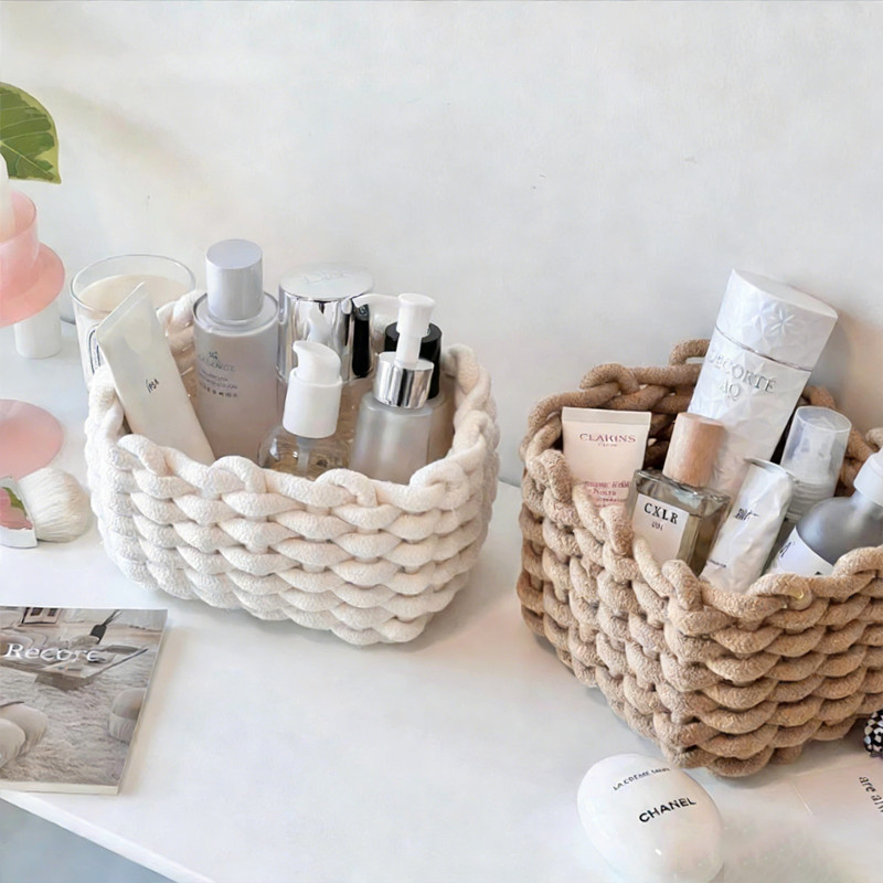 Giỏ Dây Cotton Dệt Phong Cách Ins - Giỏ Mây Đựng Mỹ Phẩm, Đồ Lặt Vật Để Bàn, Trang Trí Lối Vào & Cạnh Giường