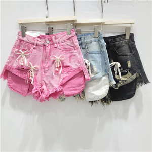 Rò Rỉ Túi Quần Frayed Nơ Trang Trí Gợi Cảm Cô Gái Nóng Chữ A Denim Siêu Quần Short Thời Trang Hot Quần