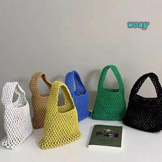 Túi xách dệt kim WOAY, túi một vai rỗng nhiều màu, túi cotton thủ công dung tích lớn