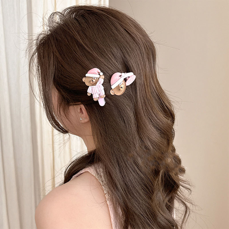 Bộ Đồ Ngủ Gấu Hoạt Hình Màu Nâu Sóng Tóc Ngọt Ngào kèm Kẹp Tóc Trang Sức Đa Năng